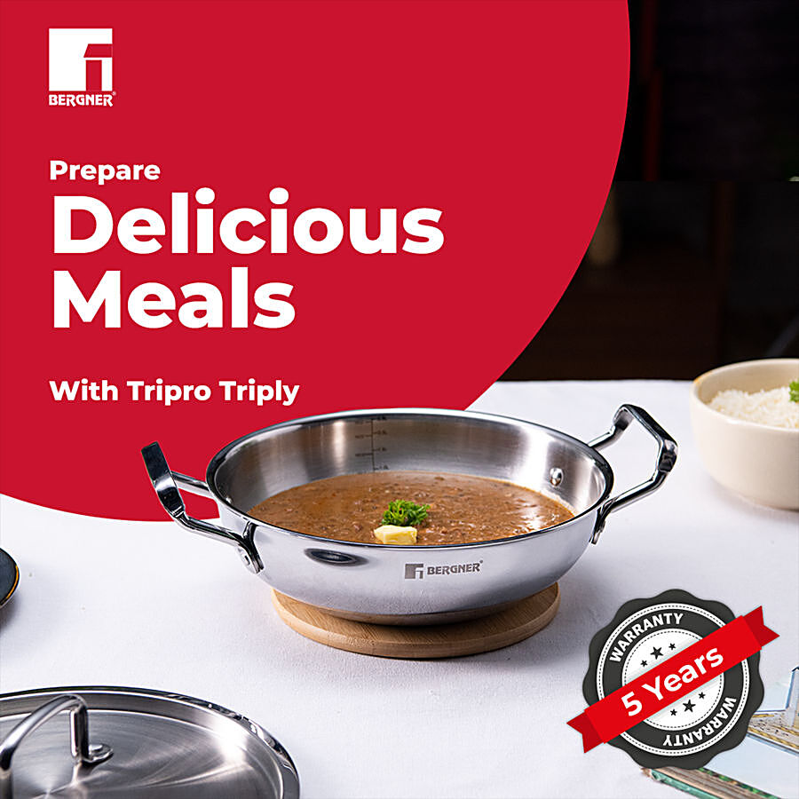 Bergner Tripro Triply Stainless Steel Kadhai With Stainless Steel Lid