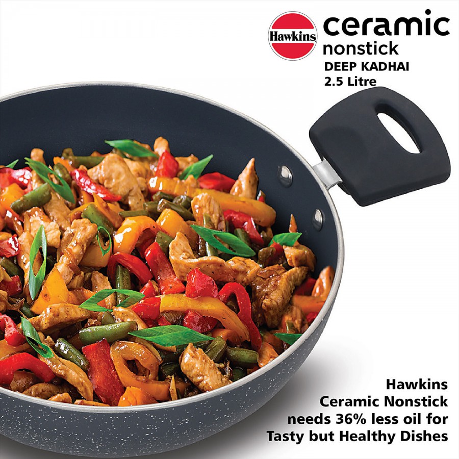 Hawkins Ceramic Nonstick Deep Kadhai - Grey