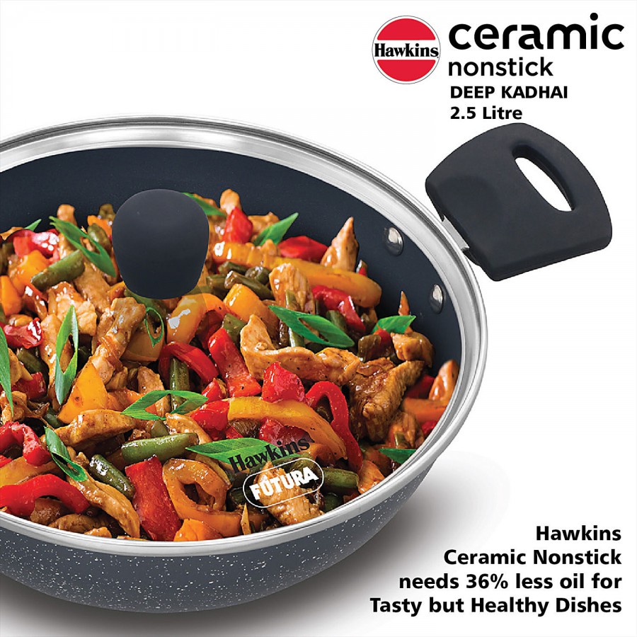 Hawkins Ceramic Nonstick Deep Kadhai - With Glass Lid