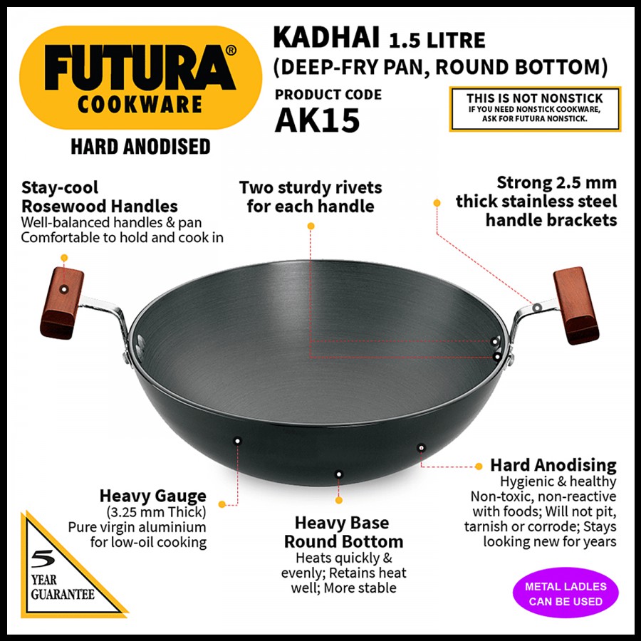 Hawkins Futura Hard Anodised Aluminium Deep Fry Pan/Kadhai - 22 cm