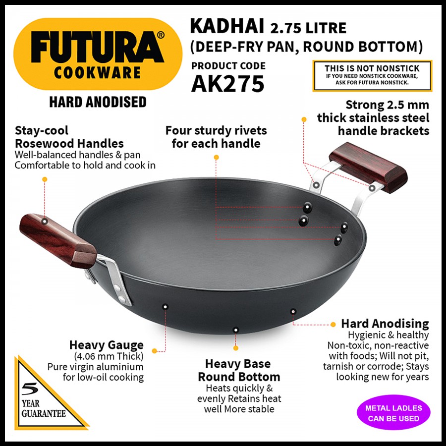 Hawkins Futura Hard Anodised Aluminium Deep Fry Pan/Kadhai - 26 cm