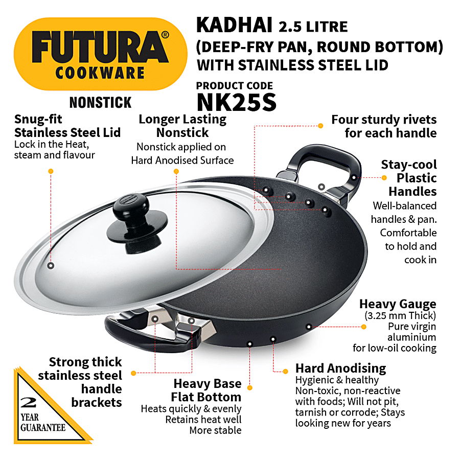 Hawkins Futura Hard Anodised Aluminium Deep Fry Pan/Kadhai - Non Stick