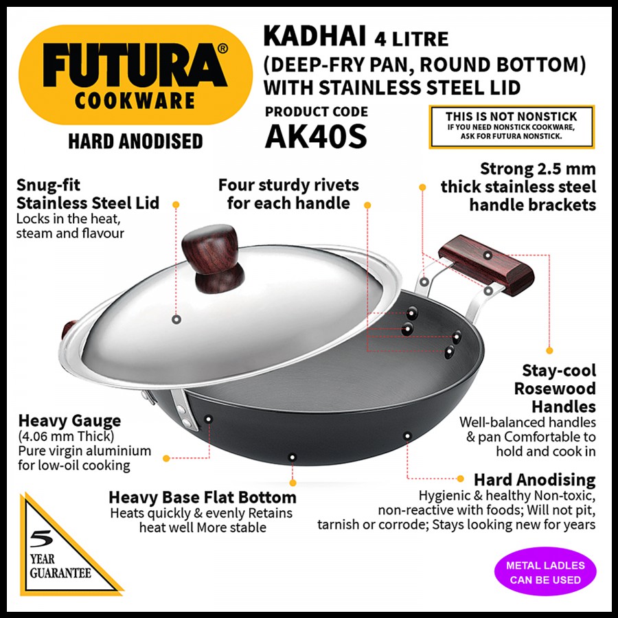 Hawkins Futura Hard Anodised Aluminium Deep Fry Pan/Kadhai - Round Bottom