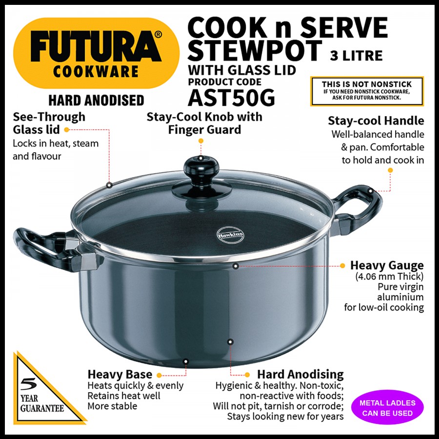 Hawkins Futura Hard Anodised Cook N Serve Stewpot/Kadhai - 24 cm