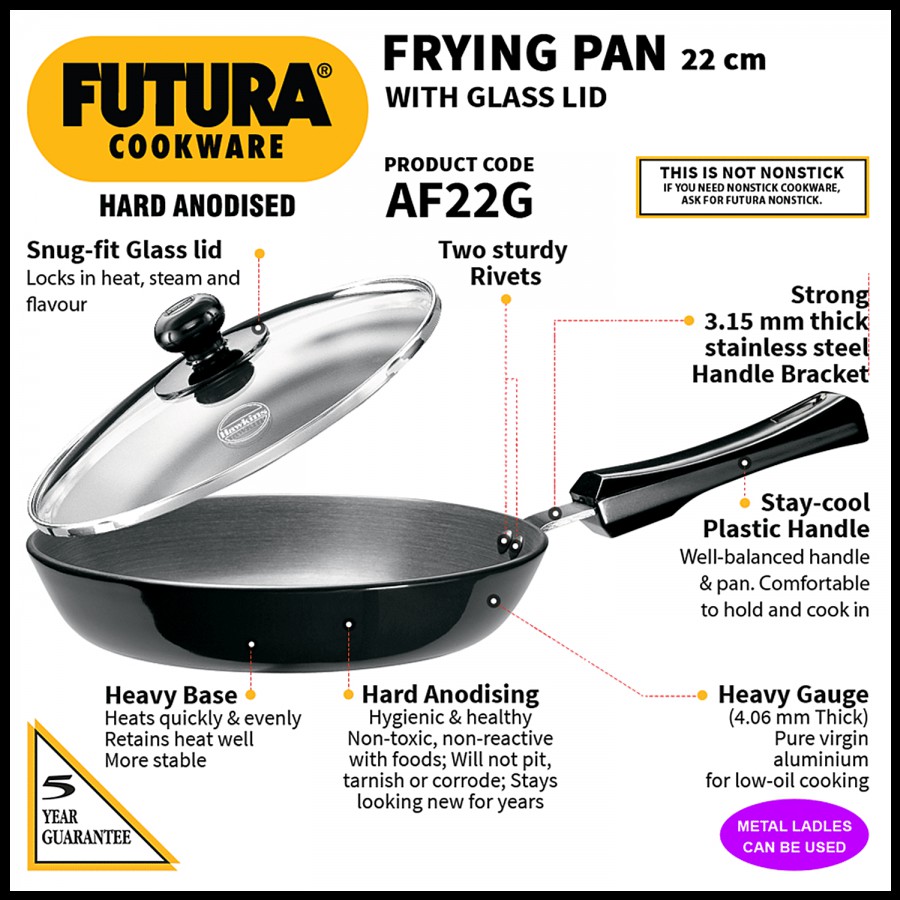 Hawkins Futura Hard Anodised Frying Pan With Glass Lid - Diameter 22 cm