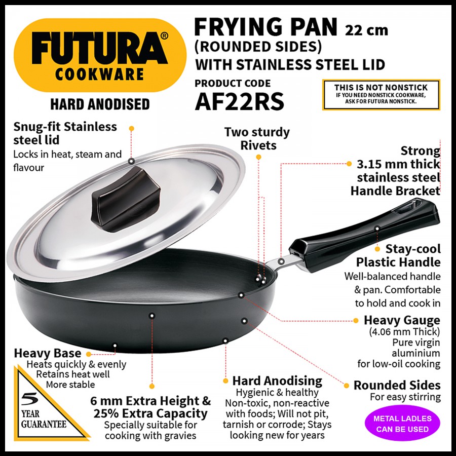 Hawkins Futura Hard Anodised Frying Pan With Steel Lid - Rounded Sides