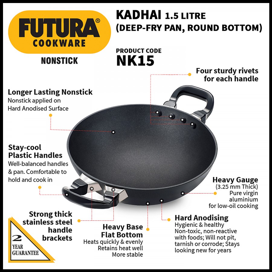 Hawkins Futura Hard Anodised Non-Stick Deep Fry Pan/Kadhai - 22 cm