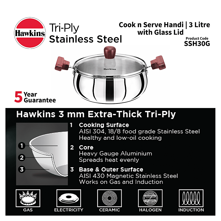 Hawkins Tri-Ply Stainless Steel Cook N Serve Handi - With Glass Lid