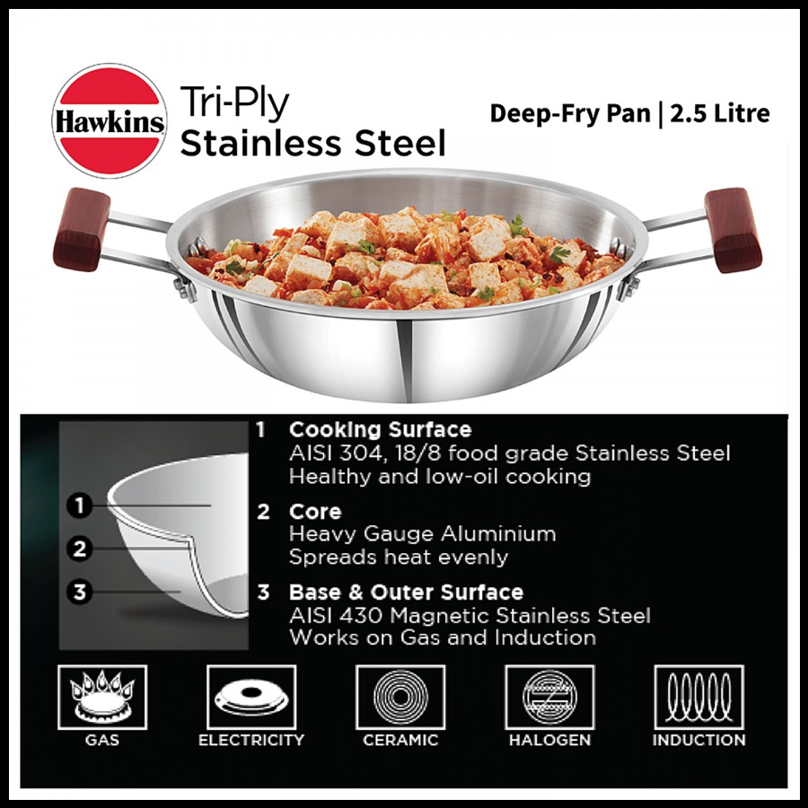 Hawkins Tri-Ply Stainless Steel Deep Fry Pan/Kadai - 3 Layer