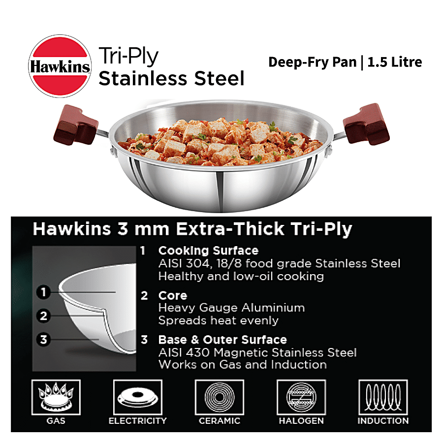 Hawkins Tri-Ply Stainless Steel Deep Fry Pan/Kadai - 3 Layer