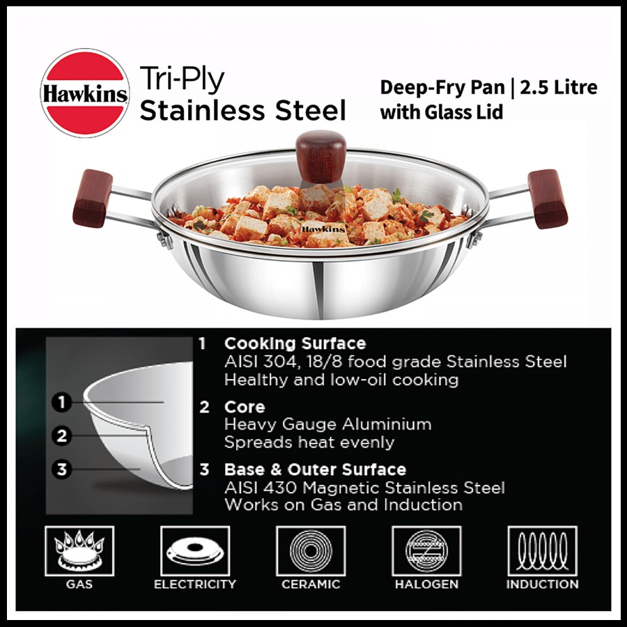 Hawkins Tri-Ply Stainless Steel Deep Fry Pan/Kadai With Glass Lid - 3 Layer