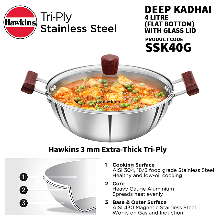 Hawkins Tri-Ply Stainless Steel Deep Fry Pan/Kadai With Glass Lid - 3 Layer