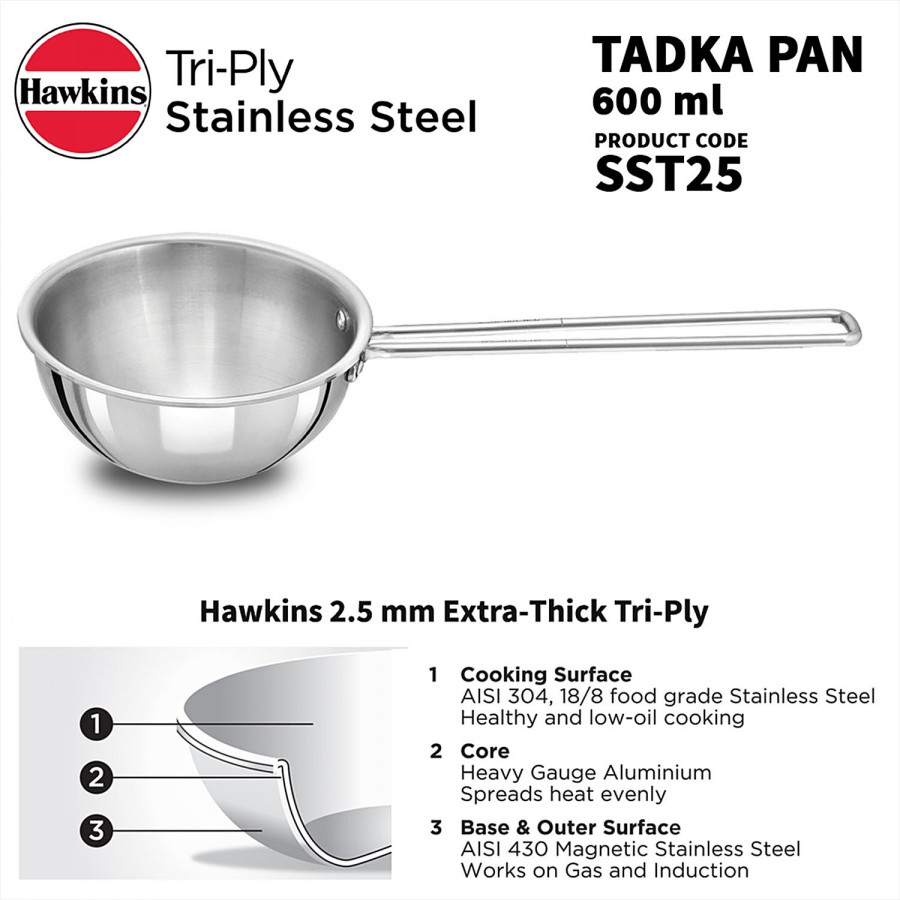 Hawkins Triply Stainless Steel Tadka Pan - Silver