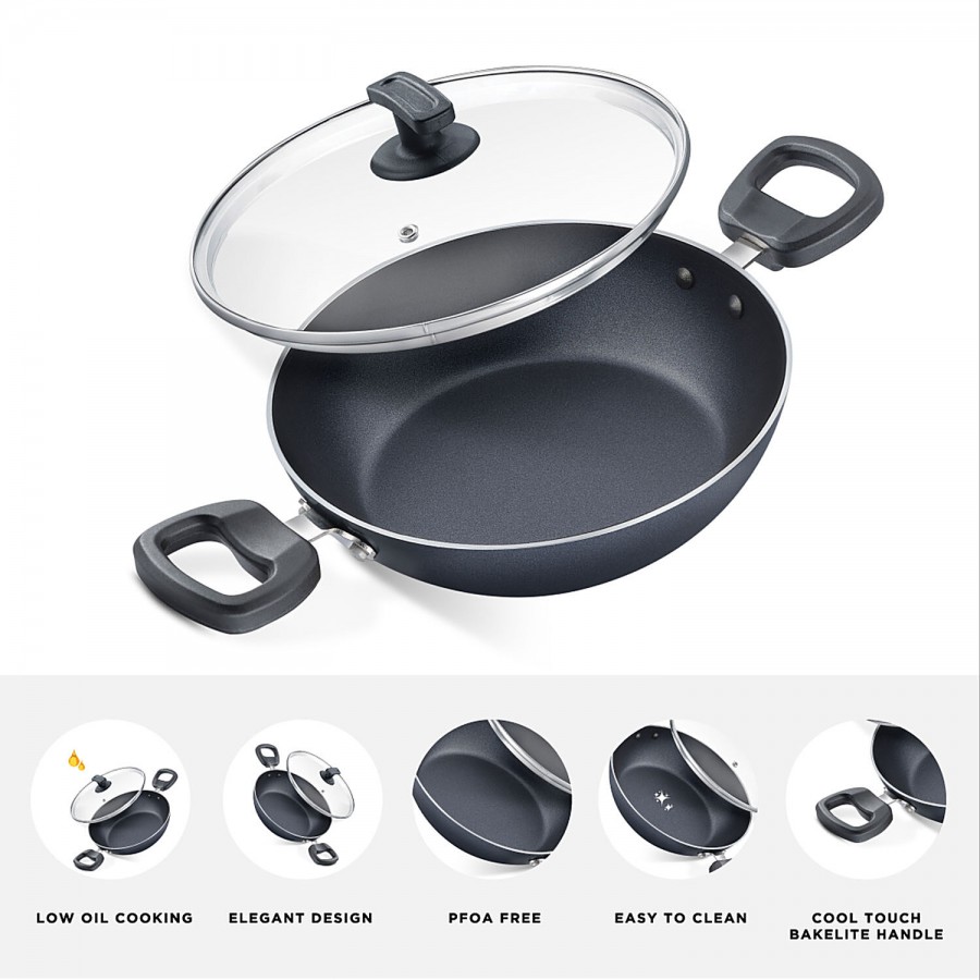 Judge by Prestige Everyday Aluminium Non-Stick Cookware Kadai 24 cm With Glass Lid - Black