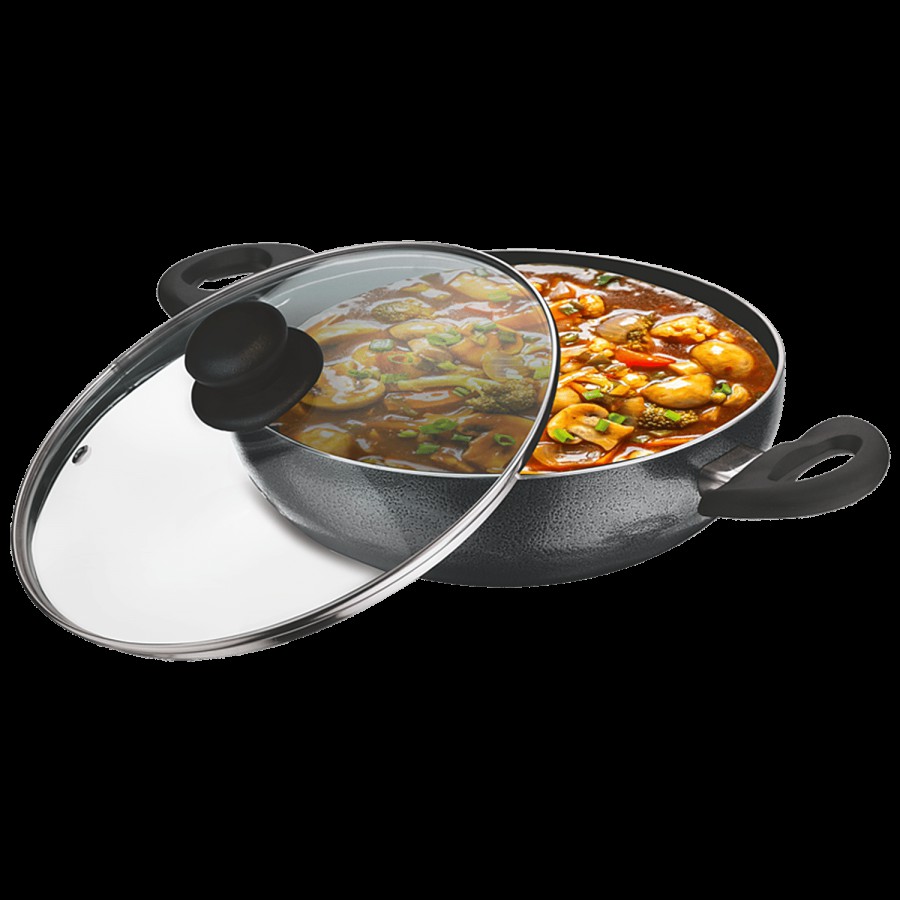 Kitchen Essentials Non-Stick Aluminium Kadai - With Induction Bottom & Glass Lid