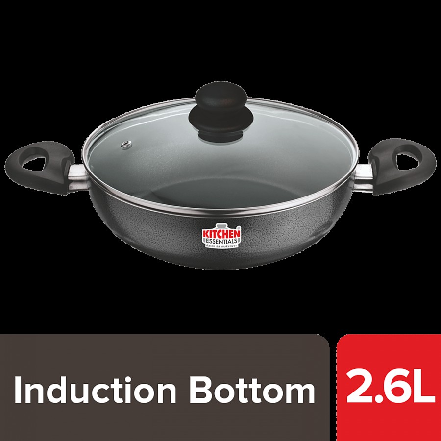 Kitchen Essentials Non-Stick Aluminium Kadai - With Induction Bottom & Glass Lid