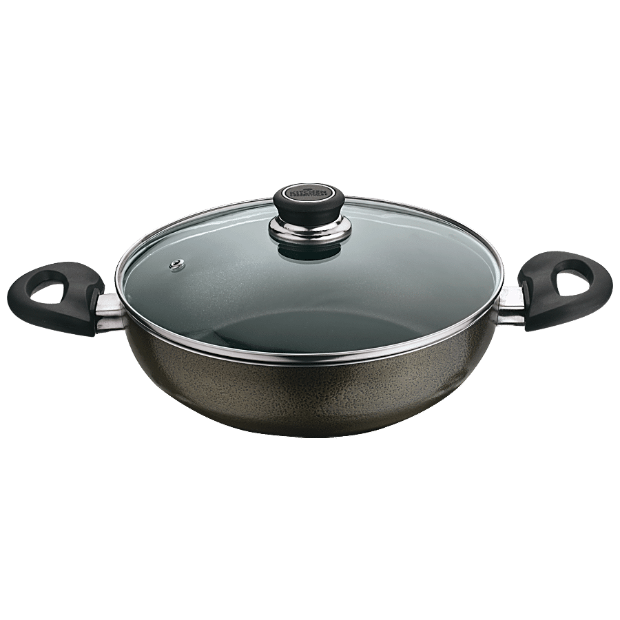 Kitchen Essentials Non Stick Induction Base Kadai With Glass Lid - Hammertone Finish