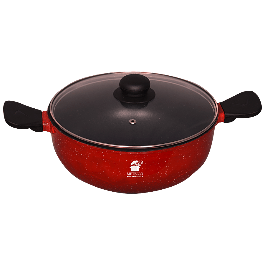 Metello Die-Cast Non-Stick Aluminium Kadhai - With Glass Lid