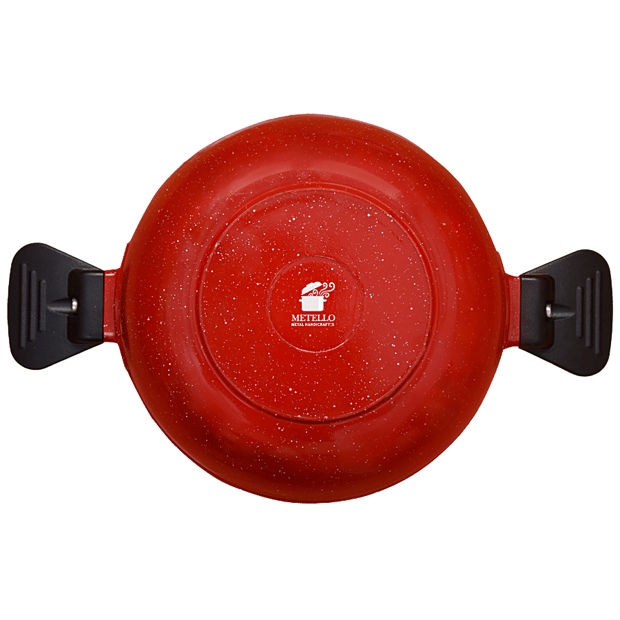 Metello Red Marble Die Cast Non-Stick 24 cm Aluminium Kadai - With Glass Lid