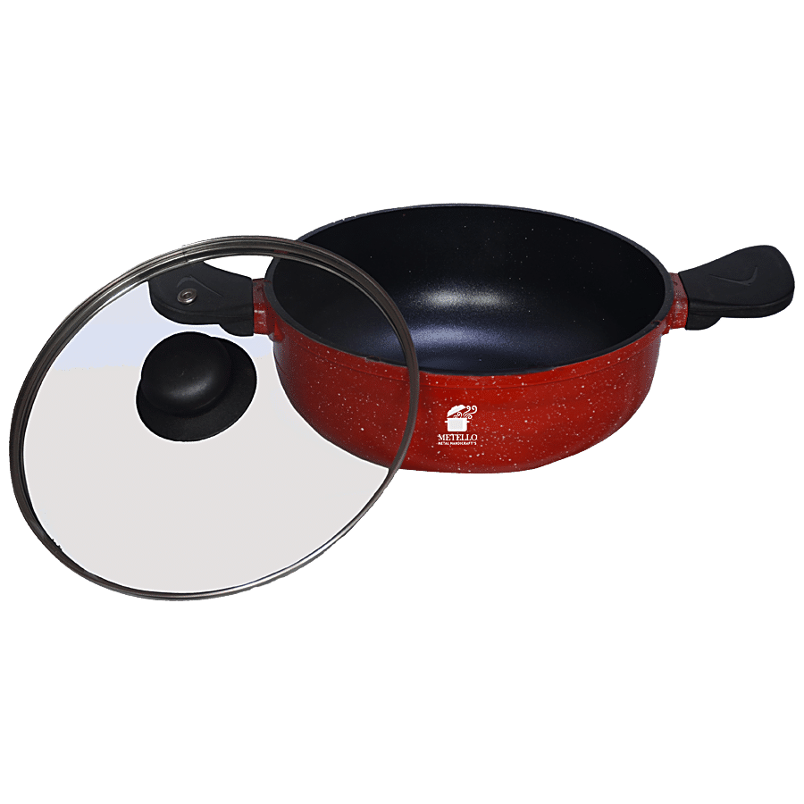 Metello Red Marble Die Cast Non-Stick 24 cm Aluminium Kadai - With Glass Lid