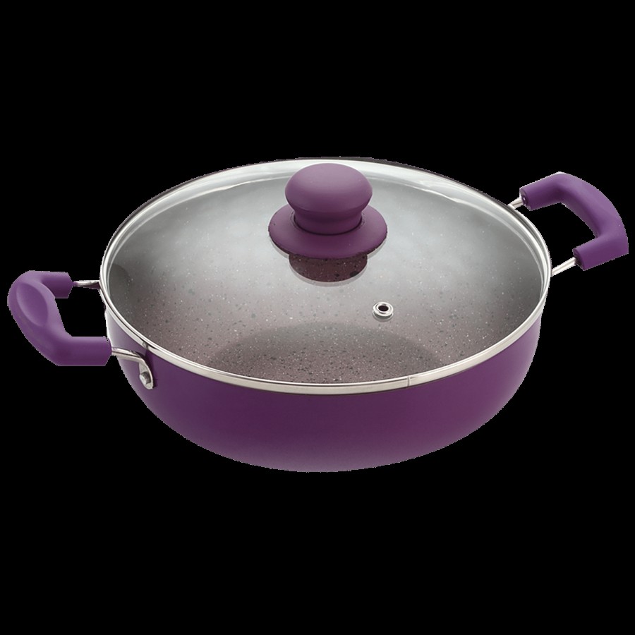 Nirlon New Regal Purple Non-Stick Aluminium Kadai - With Glass Lid