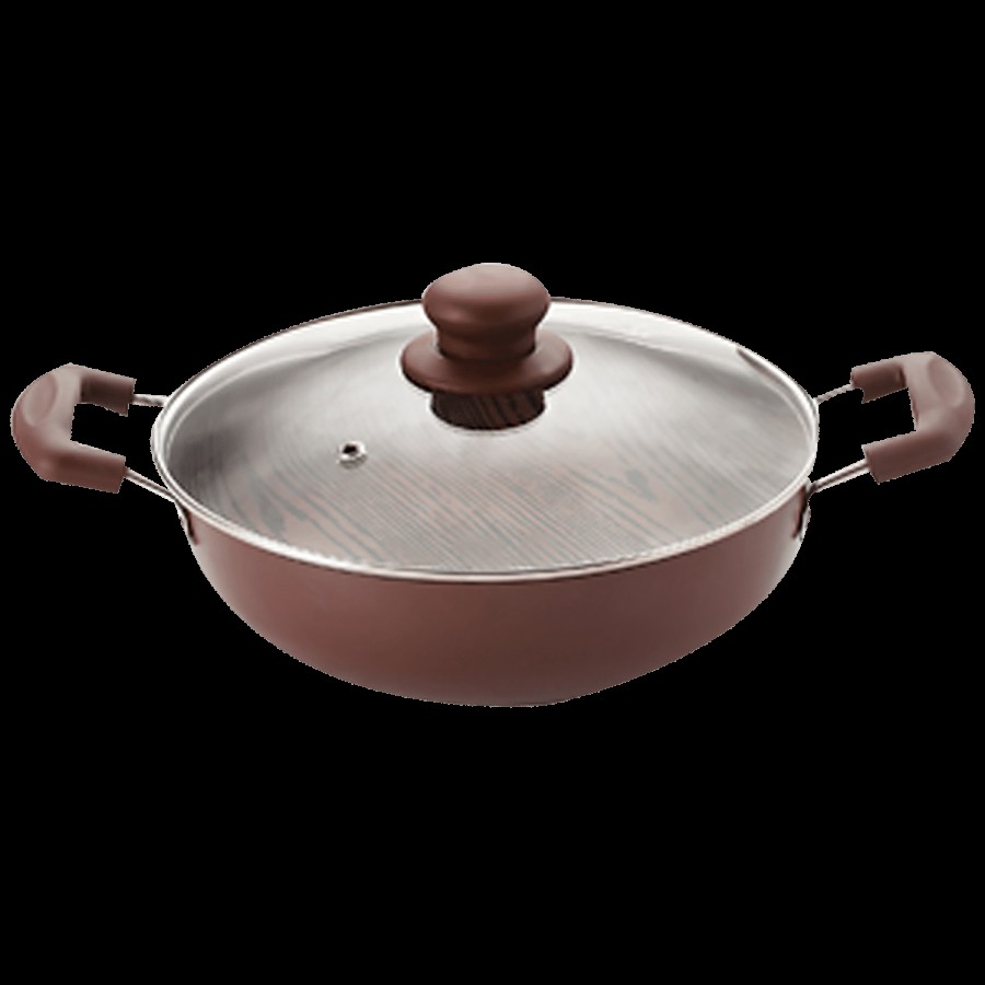 Nirlon New Woody Non-Stick Aluminium Kadai - With Glass Lid