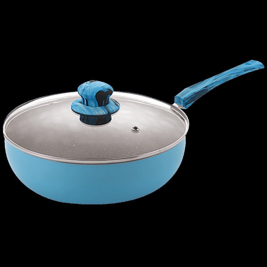 Nirlon Single Blue Sea Non-Stick Aluminium Kadai - With Glass Lid