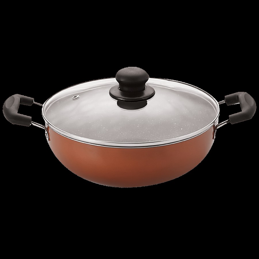 Nirlon Single Browni Non-Stick Aluminium Kadai - With Glass Lid