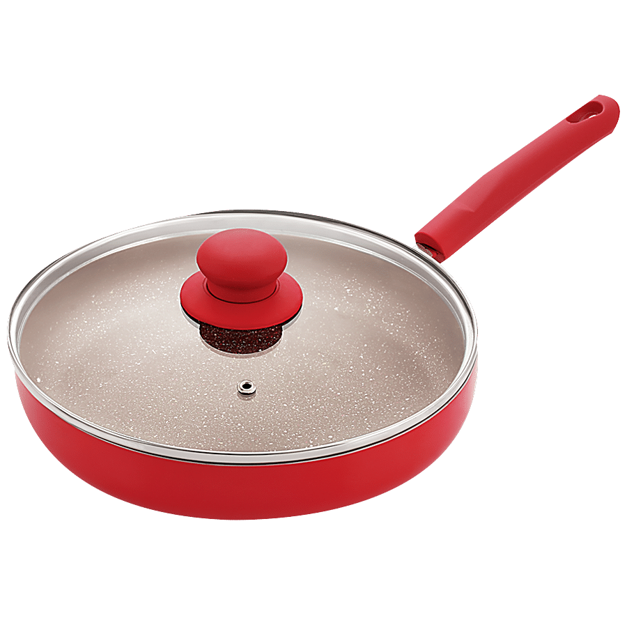 Nirlon Single Red Stone Non-Stick Aluminium Fry Pan - With Glass Lid