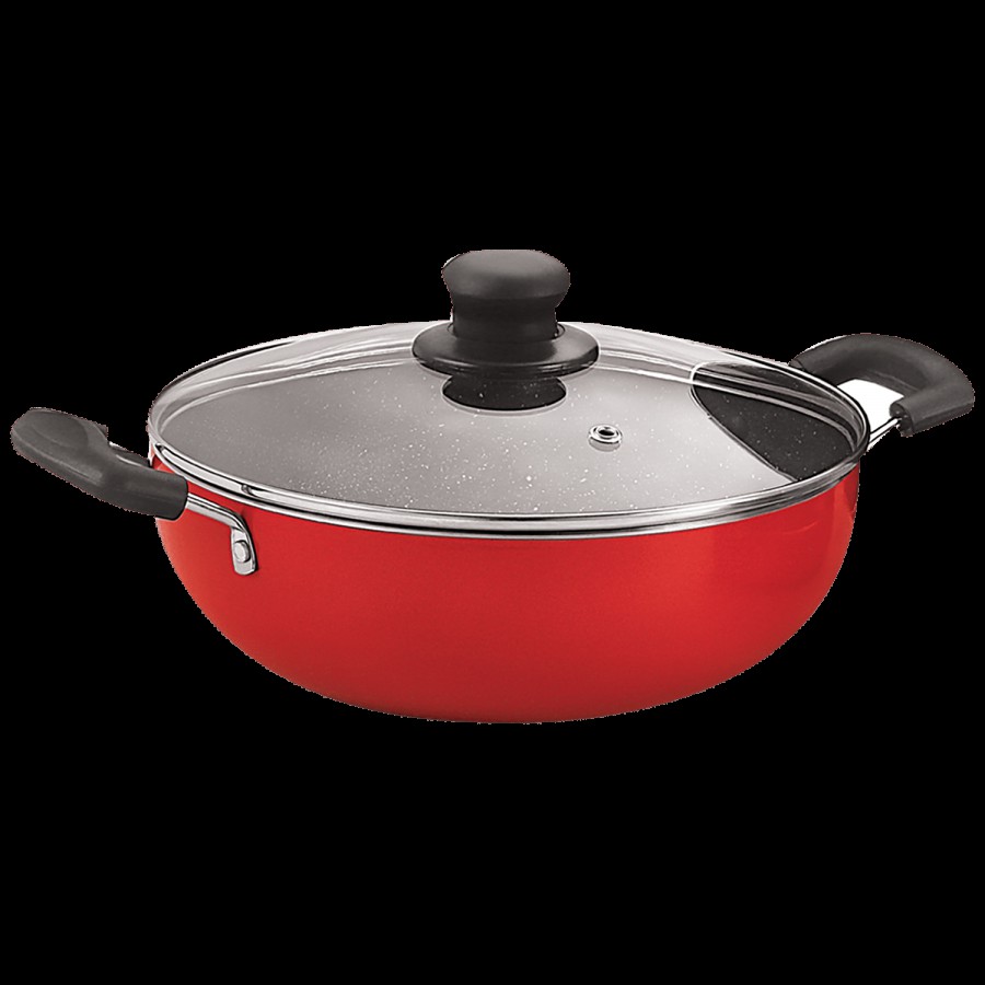 Nirlon Single Ruby Non-Stick Aluminium Kadai - With Glass Lid