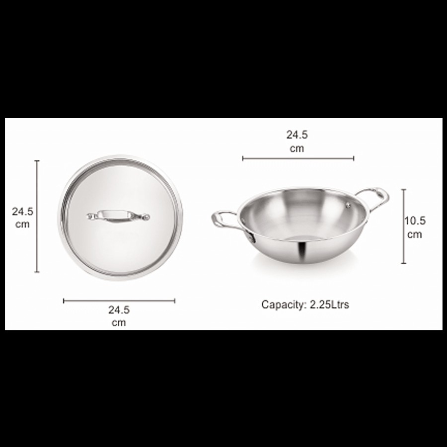 Nosh by Neelam Steel Tri Ply Kadai With Lid - Induction Base