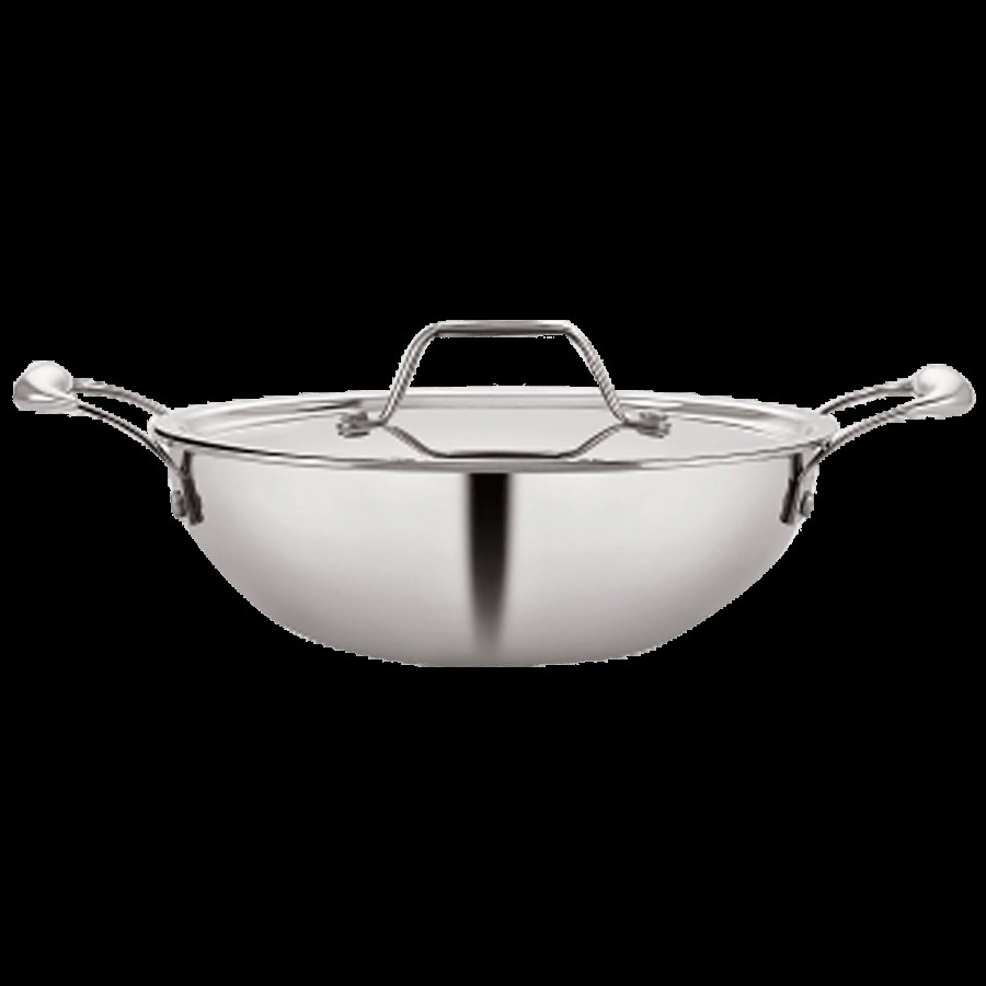 Nosh by Neelam Steel Tri Ply Kadai With Lid - Induction Base