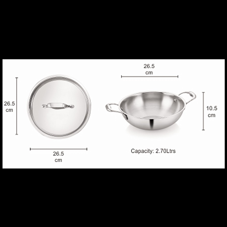 Nosh by Neelam Steel Tri Ply Kadai With Lid - Induction Base