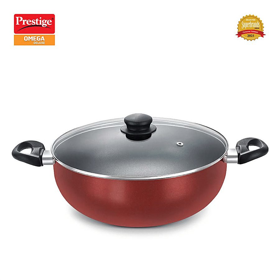 Prestige Omega Deluxe Aluminium Non-Stick Round Base Deep Kadai - With Glass Lid