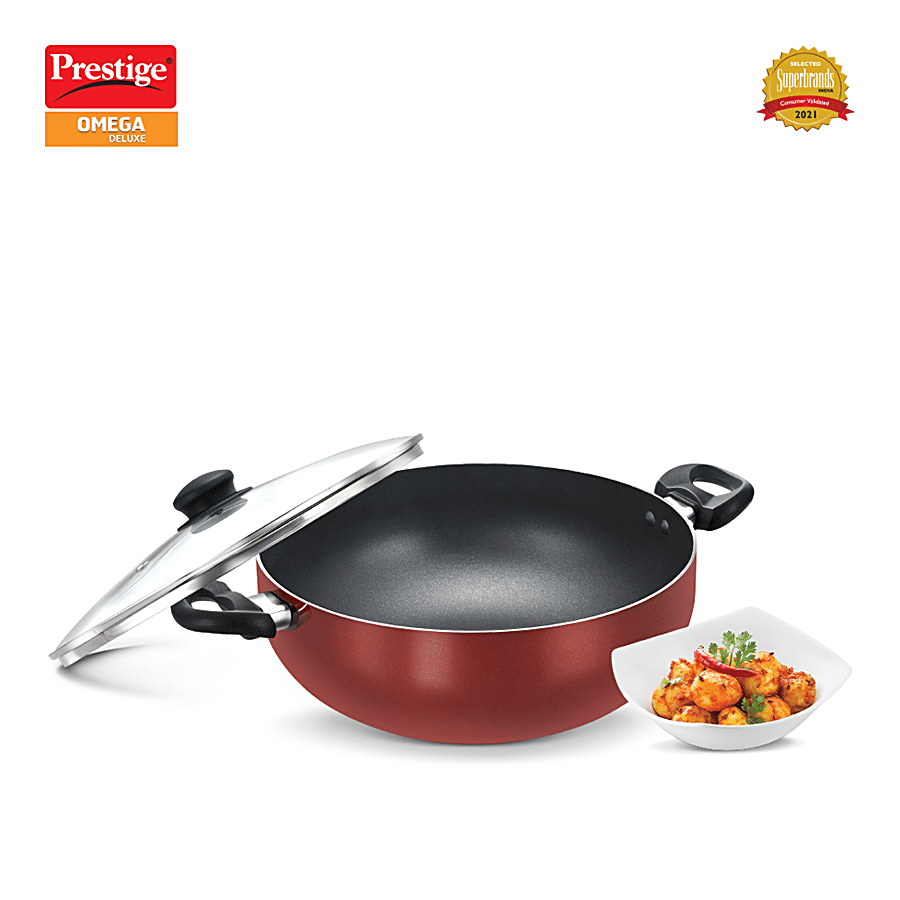 Prestige Omega Deluxe Aluminium Non-Stick Round Base Deep Kadai - With Glass Lid