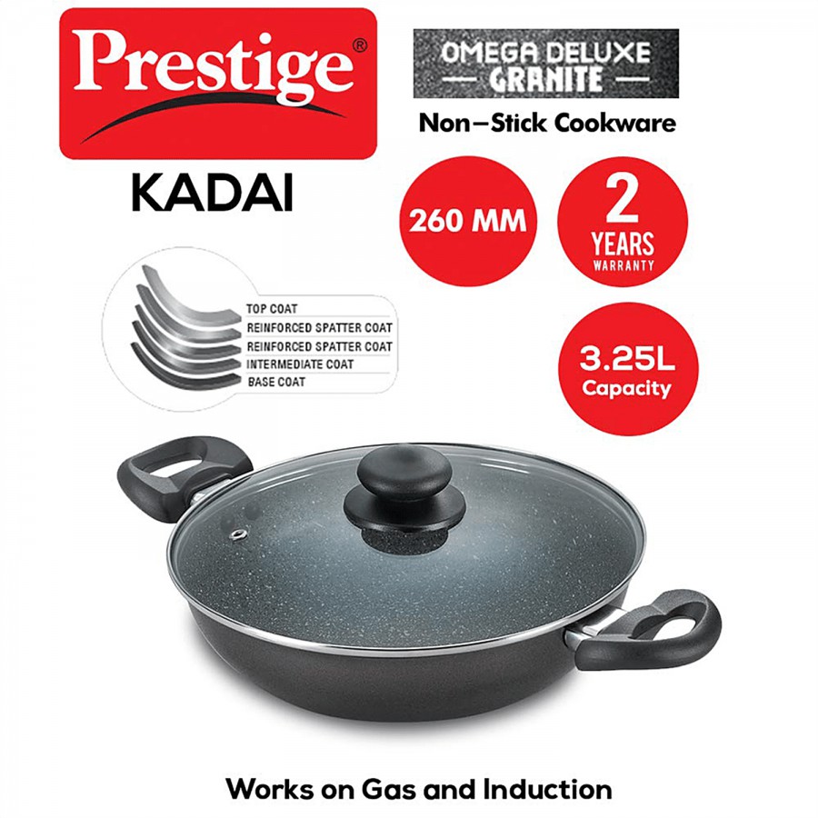 Prestige Omega Deluxe Granite Non-Stick Kadai - With Glass Lid