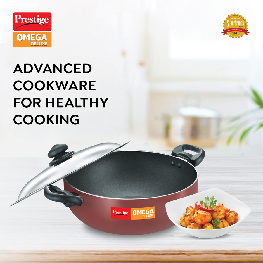 Prestige Omega Deluxe Stainless Steel Gas & Induction Compatible Non-Stick Kadai - With Lid