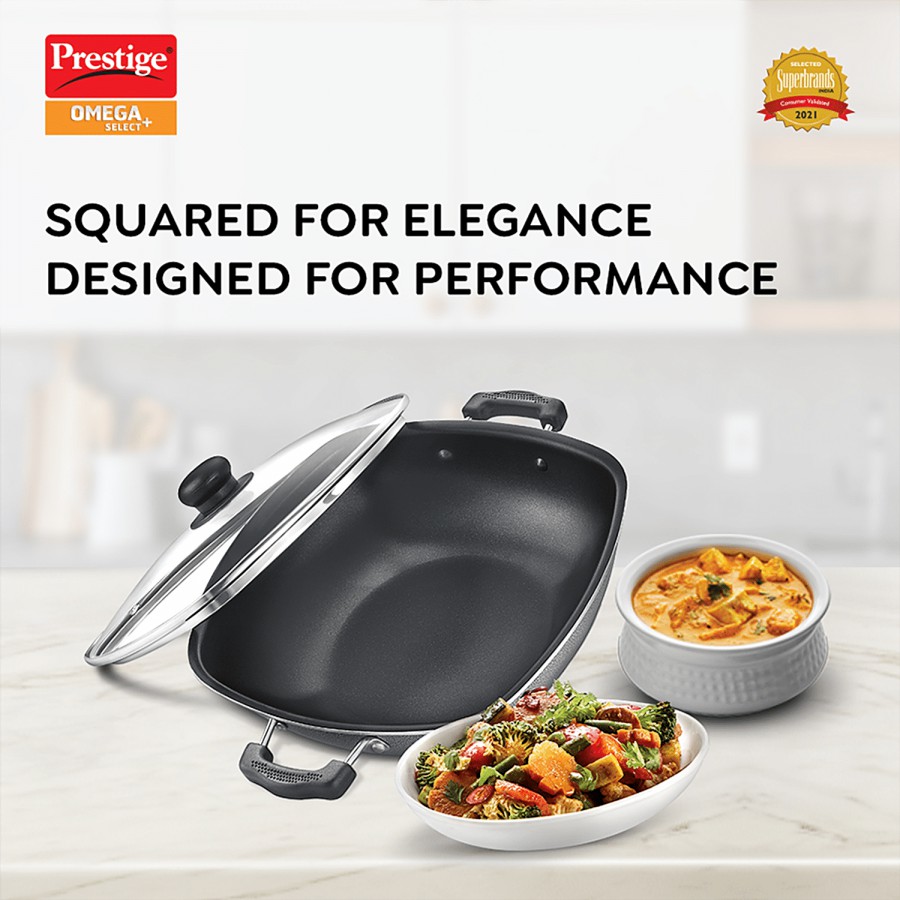 Prestige Omega Select Plus Aluminium Non-Stick Coating Square Base Kadai - With Glass Lid