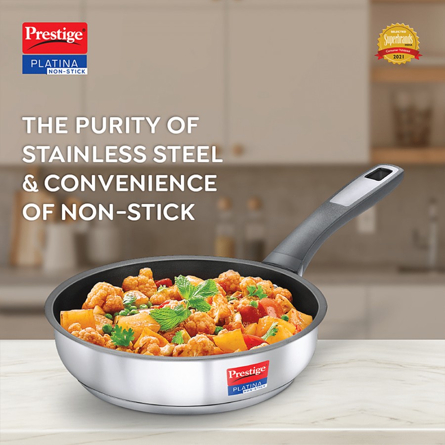 Prestige Platina Non-Stick Stainless Steel Unique Impact Forged Bottom Fry Pan - 22 cm