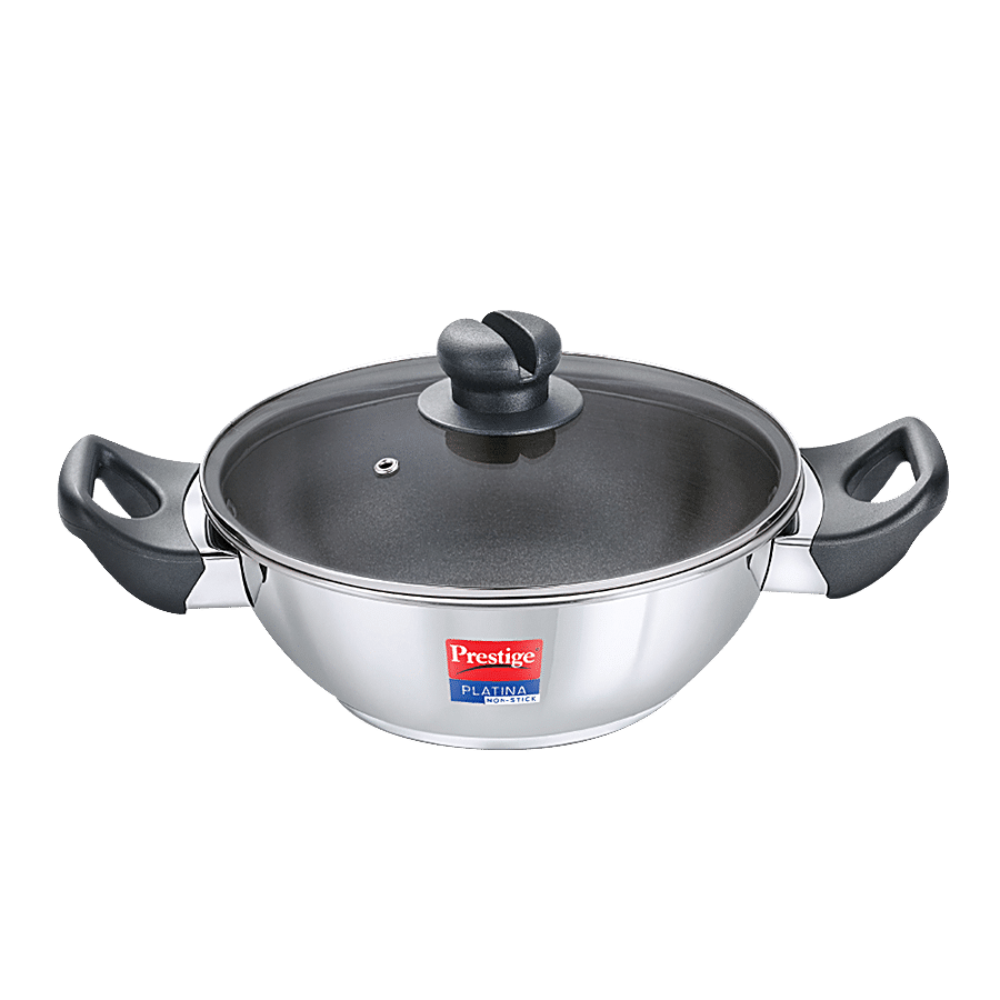 Prestige Platina Non-Stick Stainless Steel Unique Impact Forged Bottom Kadai - With Glass Lid