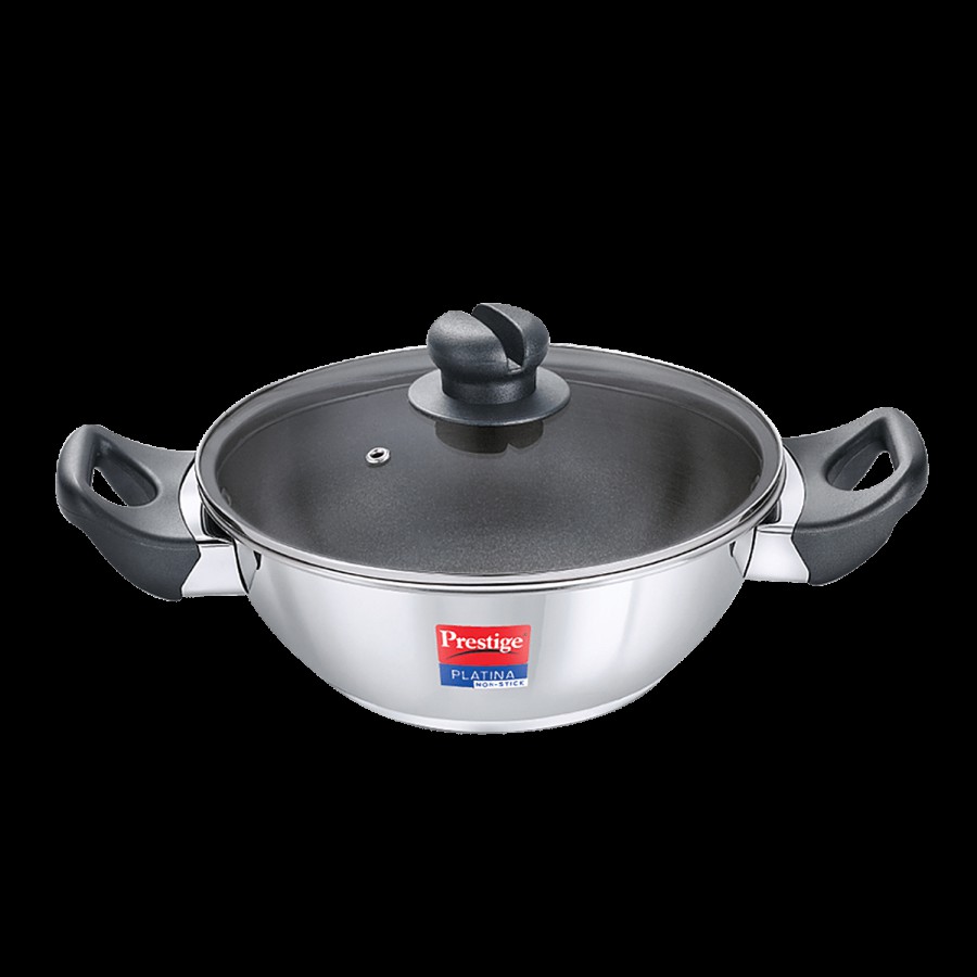 Prestige Platina Non-Stick Stainless Steel Unique Impact Forged Bottom Kadai - With Glass Lid