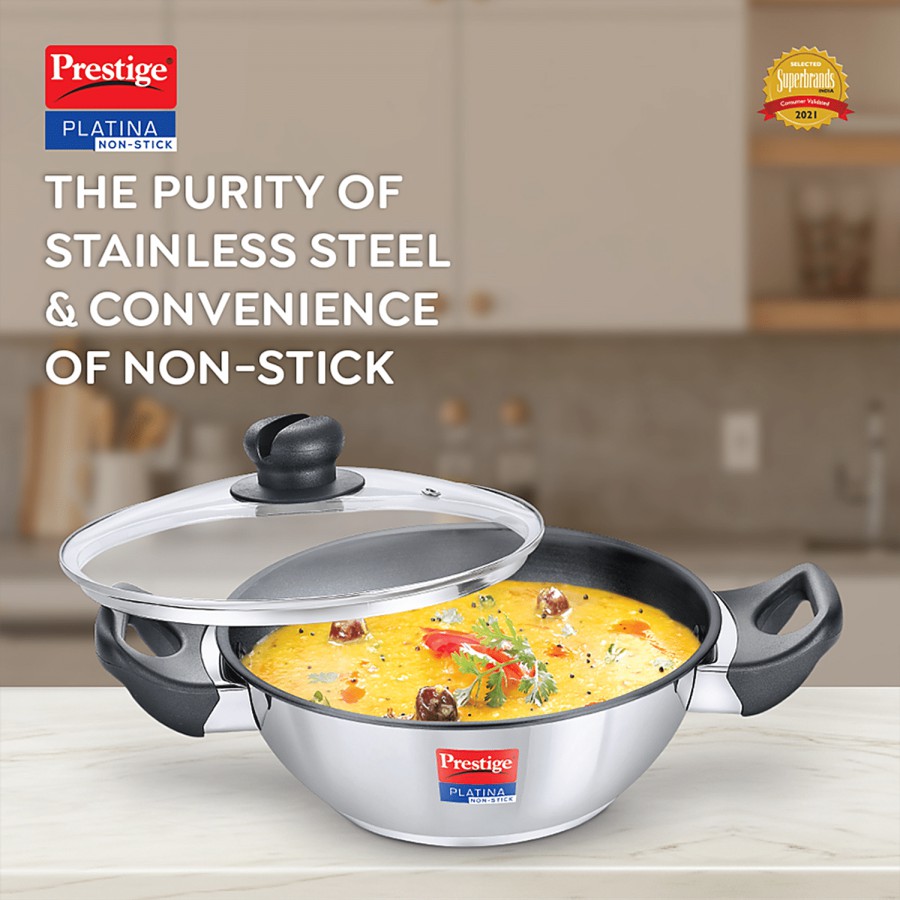 Prestige Platina Non-Stick Stainless Steel Unique Impact Forged Bottom Kadai - With Glass Lid