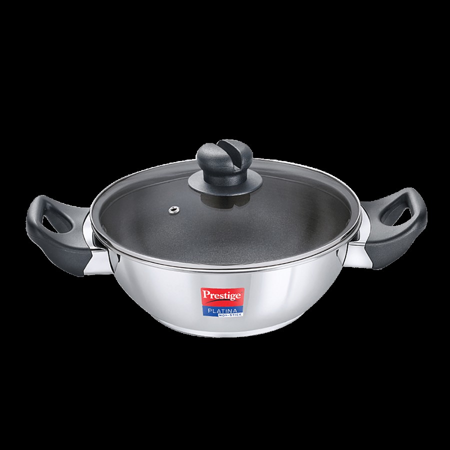 Prestige Platina Non-Stick Stainless Steel Unique Impact Forged Bottom Kadai - With Glass Lid