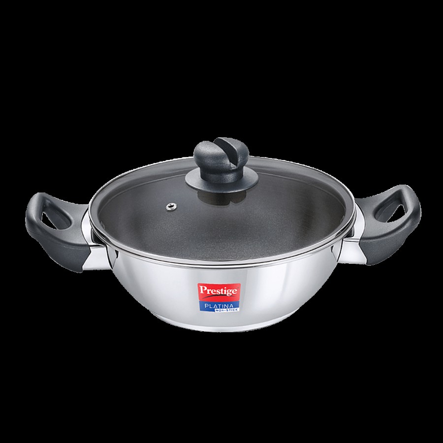 Prestige Platina Non-Stick Stainless Steel Unique Impact Forged Bottom Kadai - With Glass Lid