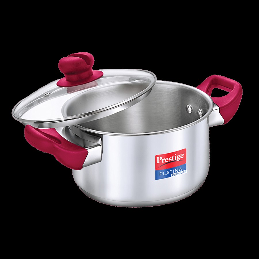 Prestige Platina Popular Stainless Steel Unique Impact Forged Bottom Casserole - With Glass Lid