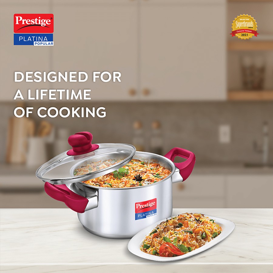 Prestige Platina Popular Stainless Steel Unique Impact Forged Bottom Casserole - With Glass Lid