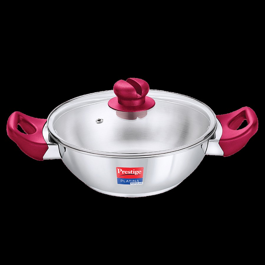 Prestige Platina Popular Stainless Steel Unique Impact Forged Bottom Kadai - With Toughened Glass Lid