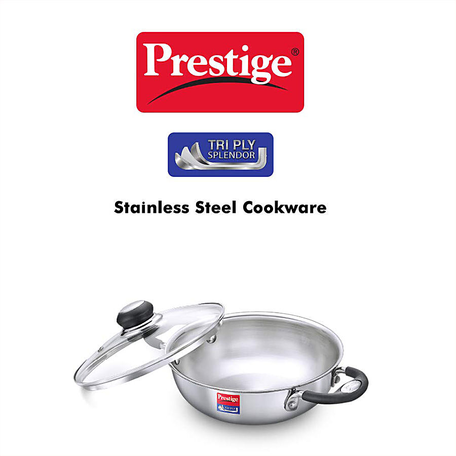 Prestige Tri Ply Splendor Stainless Steel Gas & Induction Compatible Kadai - With Glass Lid