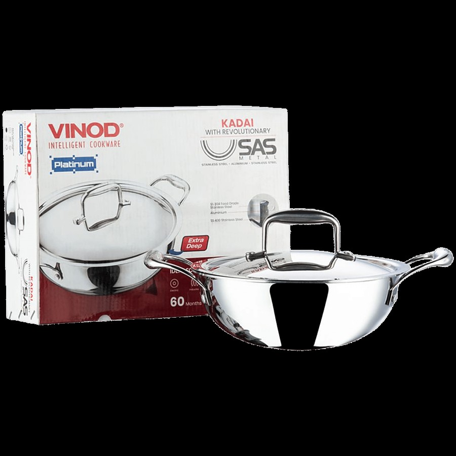 Vinod Platinum Triply Stainless Steel Kadai - 3 Layer