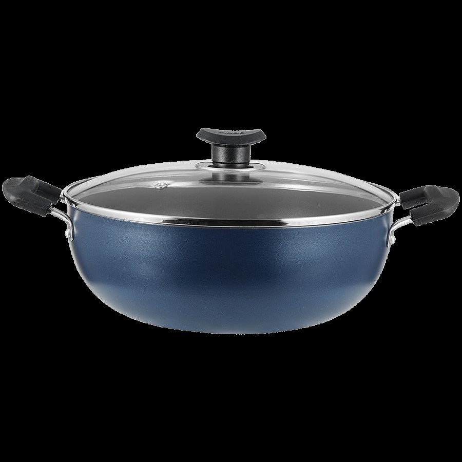 Vinod Zest Non-Stick Aluminium Kadai - With Glass Lid